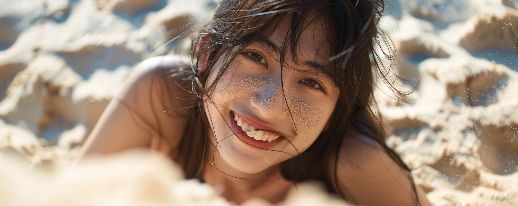 Japanese Teen Woman Playing in Sand, Smiling | 16k High-Resolution Photo